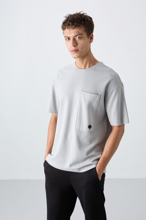 Taş Pamuklu Kalın Yüzeyi Dokulu Oversize Fit Basic Erkek T-Shirt - 88341 - 1