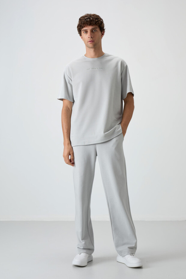 Taş Pamuklu Kalın Yüzeyi Dokulu Oversize Fit Baskılı Erkek T-Shirt - 88364 - 2