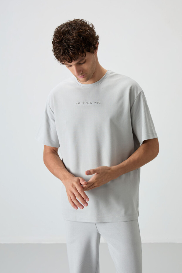 Taş Pamuklu Kalın Yüzeyi Dokulu Oversize Fit Baskılı Erkek T-Shirt - 88364 - 4