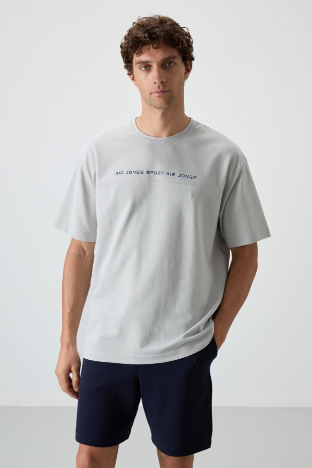 Taş Pamuklu Kalın Yüzeyi Dokulu Oversize Fit Baskılı Erkek T-Shirt - 88371 - 1