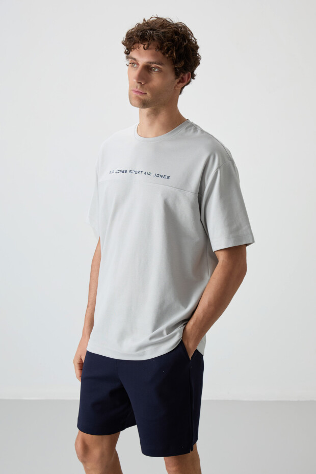 Taş Pamuklu Kalın Yüzeyi Dokulu Oversize Fit Baskılı Erkek T-Shirt - 88371 - 4