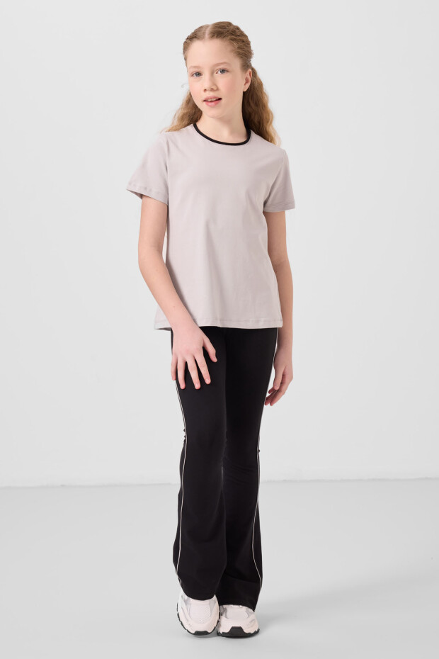 Taş-Siyah Pamuklu O Yaka Standart Fit Basic İspanyol Paça Kız Çocuk Tayt Takım - 75192