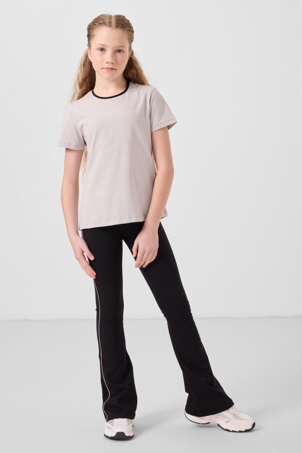 Taş-Siyah Pamuklu O Yaka Standart Fit Basic İspanyol Paça Kız Çocuk Tayt Takım - 75192 - 1