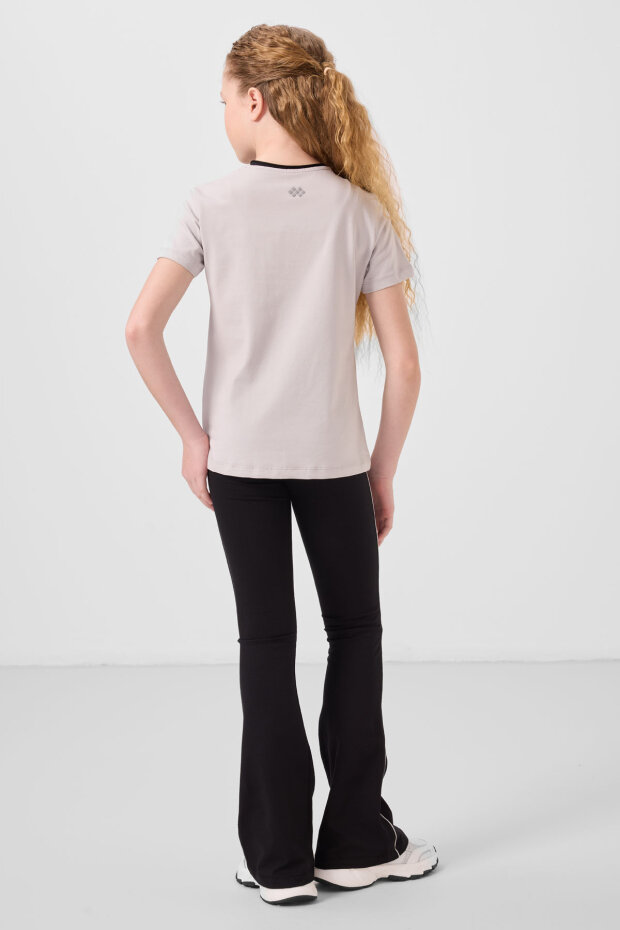 Taş-Siyah Pamuklu O Yaka Standart Fit Basic İspanyol Paça Kız Çocuk Tayt Takım - 75192 - 6