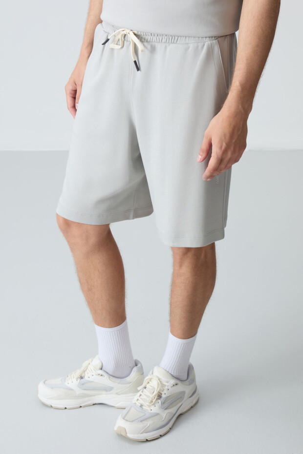 Taş Pamuklu Kalın Yumuşak Dokulu Oversize Fit Basic Erkek Şort Takım - 85257 - 6