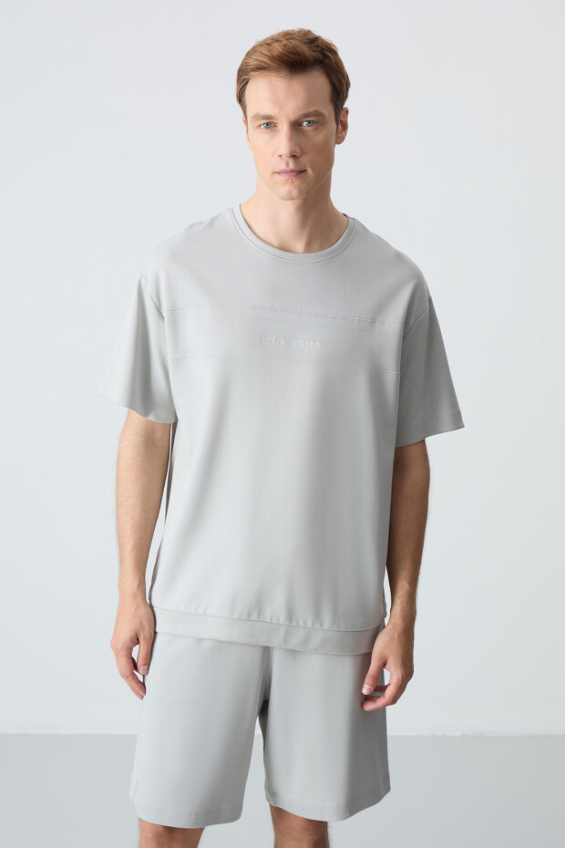 Taş Pamuklu Kalın Yumuşak Dokulu Oversize Fit Basic Erkek Şort Takım - 85257 - 7