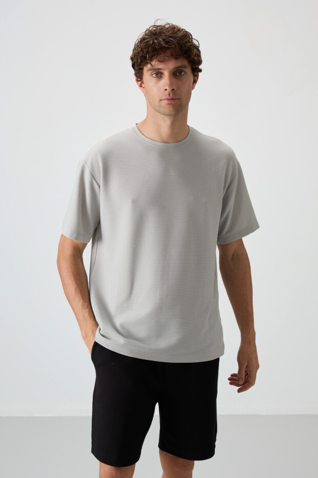 Taş Waffle İnterlok Yüzeyi Dokulu Oversize Fit Basic Erkek T-Shirt - 88379 - 2