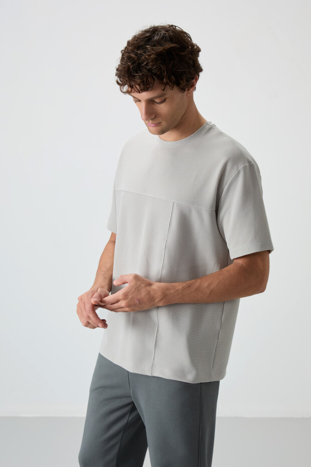 Taş Waffle İnterlok Yüzeyi Dokulu Oversize Fit Basic Erkek T-Shirt - 88380 - 5