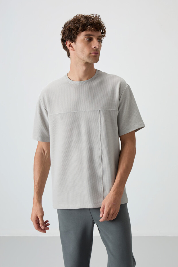 Taş Waffle İnterlok Yüzeyi Dokulu Oversize Fit Basic Erkek T-Shirt - 88380 - 2