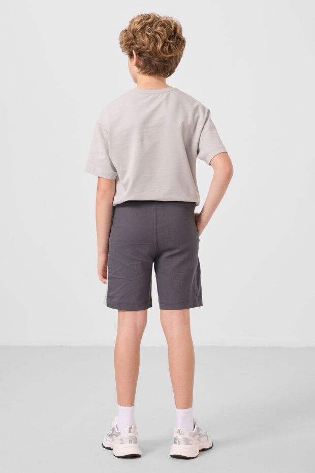 Taş-Antrasit Pamuklu Oversize Fit Dokuma Hafif Esnek Chino Erkek Çocuk Şort Takım - 11275 - 7