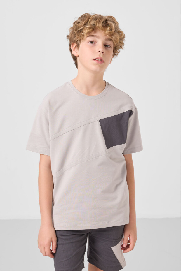 Taş-Antrasit Pamuklu Oversize Fit Dokuma Hafif Esnek Chino Erkek Çocuk Şort Takım - 11275 - 4