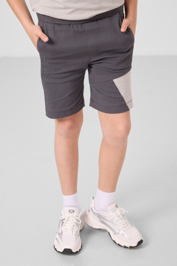Taş-Antrasit Pamuklu Oversize Fit Dokuma Hafif Esnek Chino Erkek Çocuk Şort Takım - 11275 - 3