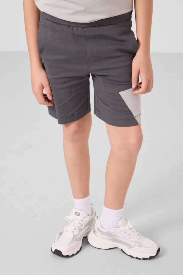 Taş-Antrasit Pamuklu Oversize Fit Dokuma Hafif Esnek Chino Erkek Çocuk Şort Takım - 11275 - 6