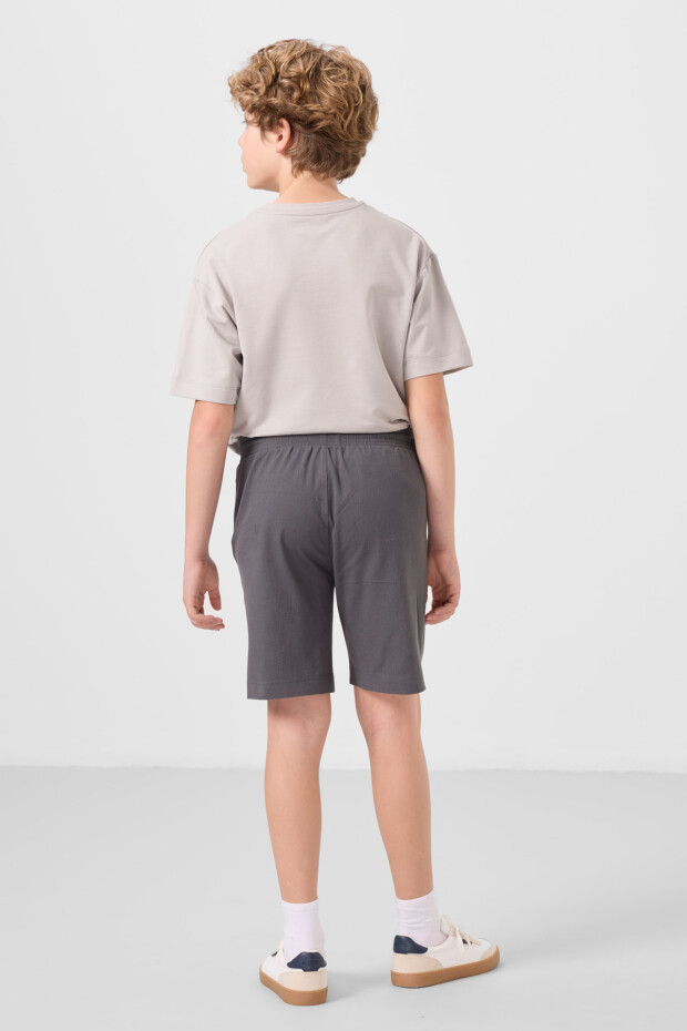 Taş-Antrasit Pamuklu Oversize Fit Dokuma Hafif Esnek Chino Erkek Çocuk Şort Takım - 11276 - 7
