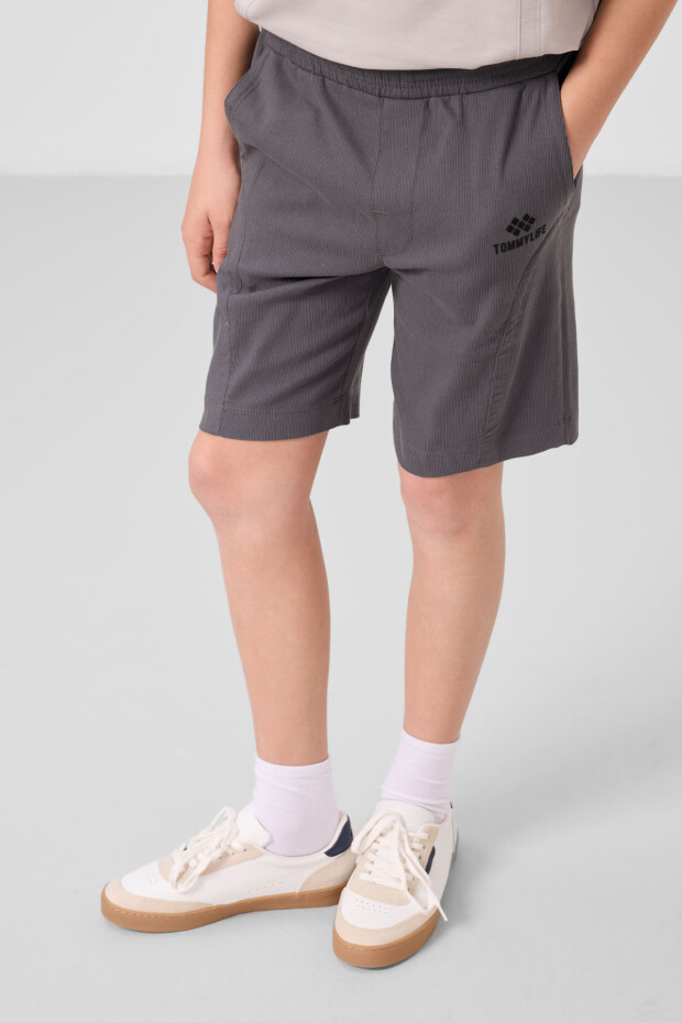 Taş-Antrasit Pamuklu Oversize Fit Dokuma Hafif Esnek Chino Erkek Çocuk Şort Takım - 11276 - 2