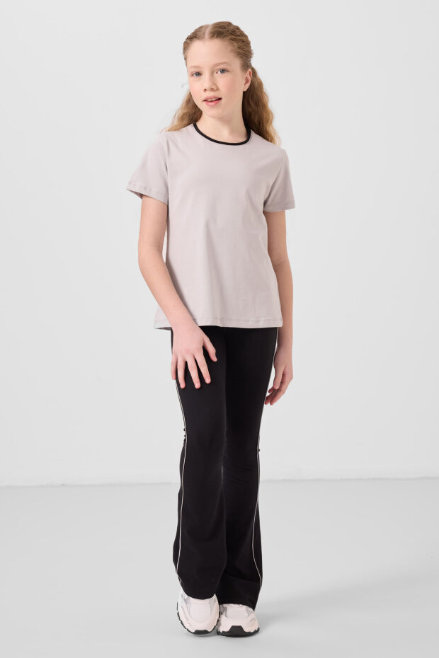 Taş-Siyah Pamuklu O Yaka Standart Fit Basic İspanyol Paça Kız Çocuk Tayt Takım - 75192 - 5