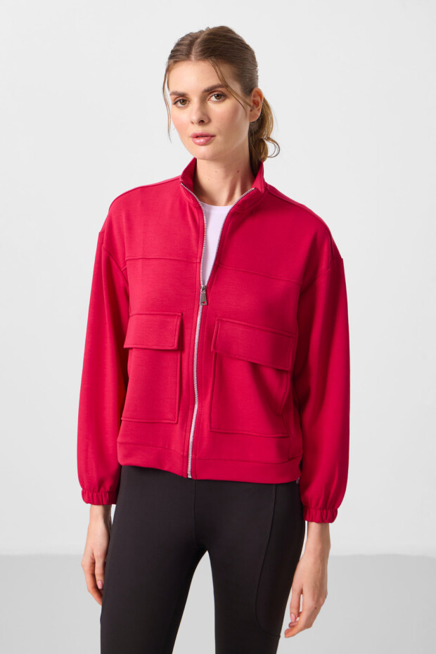 Viva Kırmızı Yumuşak Dokulu Dik Yaka Oversize Kargo Cepli Kadın Crop Top Sweatshirt - 97301 - 1