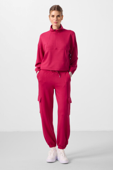 Viva Kırmızı Yumuşak Dokulu Dik Yaka Gizli Fermuarlı Oversize Kadın Eşofman Takım - 95351 - TOMMYLIFE