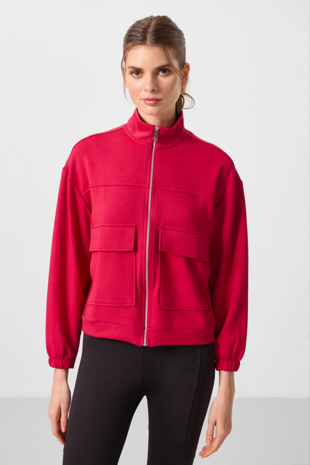 Viva Kırmızı Yumuşak Dokulu Dik Yaka Rahat Form Kargo Cepli Kadın Crop Top Sweatshirt - 97301 - 5