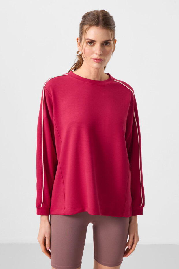 Viva Kırmızı Yumuşak Dokulu O Yaka Oversize Kadın Tunik Sweatshirt - 97303 - 1
