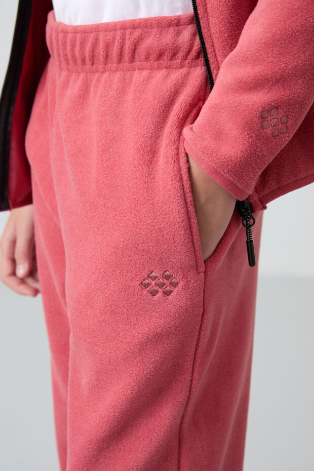 Yaban Gülü Kalın Yumuşak Dokulu Standart Fit Nakışlı Polar Kız Çocuk Eşofman Alt - 75155 - 3