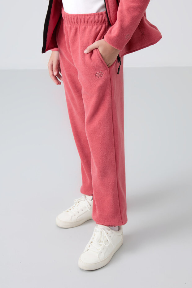 Yaban Gülü Kalın Yumuşak Dokulu Standart Fit Nakışlı Polar Kız Çocuk Eşofman Alt - 75155 - 4