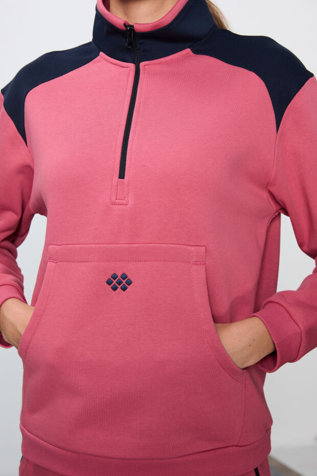 Yaban Gülü Kompakt Pamuklu Kalın Pürüzsüz Dokulu Dik Yaka Oversize Fit Kadın Eşofman Takım - 95342 - 5