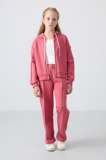 Yaban Gülü Pamuklu İçi Tüylü Yumuşak Dokulu Standart Fit Nakışlı Kız Çocuk Eşofman Takım - 75161 