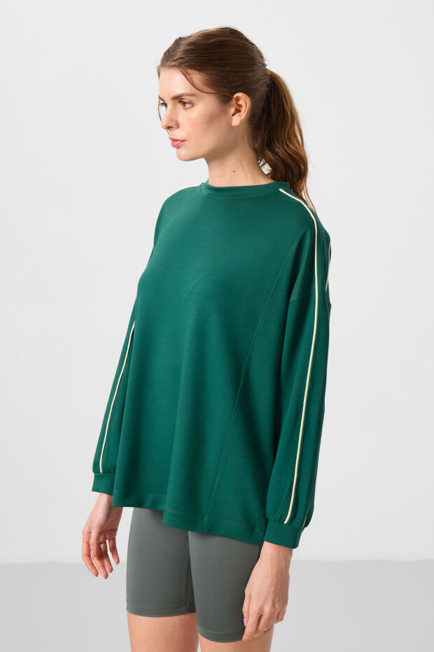 Yeşil Yumuşak Dokulu O Yaka Oversize Kadın Tunik Sweatshirt - 97303 - 4