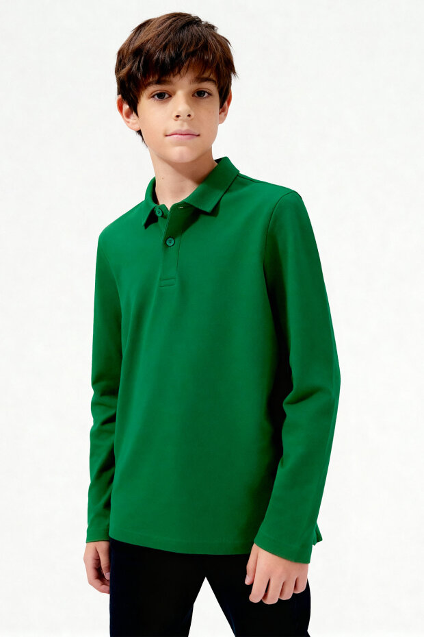 Yeşil Polo Yaka Basic Uzun Kollu Unisex Çocuk T-Shirt - 11170 - 3