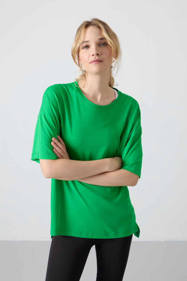 Yeşil Penye Modal Yumuşak Tuşeli Oversize Fit Basic Kadın T-Shirt- 97285 - 4