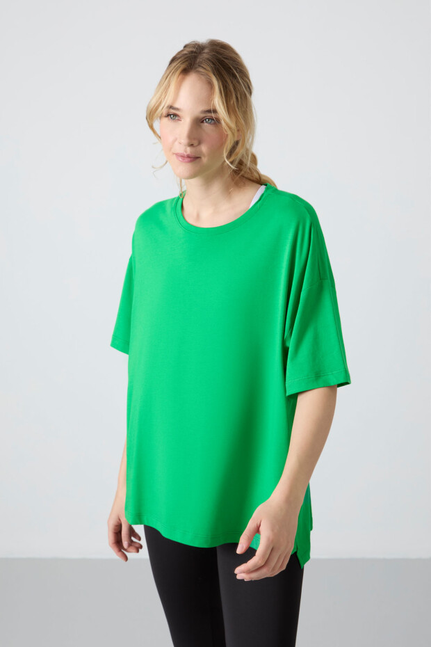 Yeşil Penye Modal Yumuşak Tuşeli Oversize Fit Basic Kadın T-Shirt- 97285 - 2
