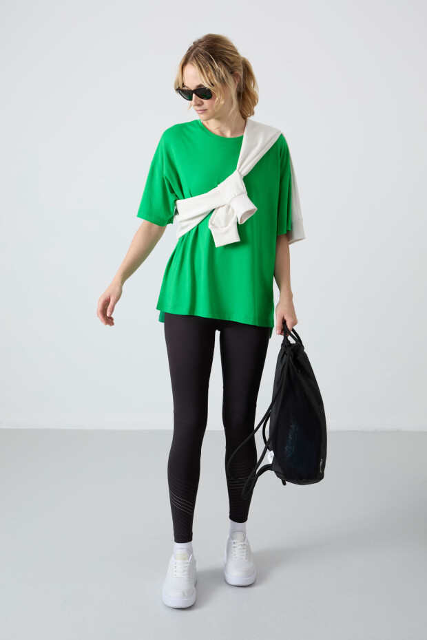 Yeşil Penye Modal Yumuşak Tuşeli Oversize Fit Basic Kadın T-Shirt- 97285 - 7