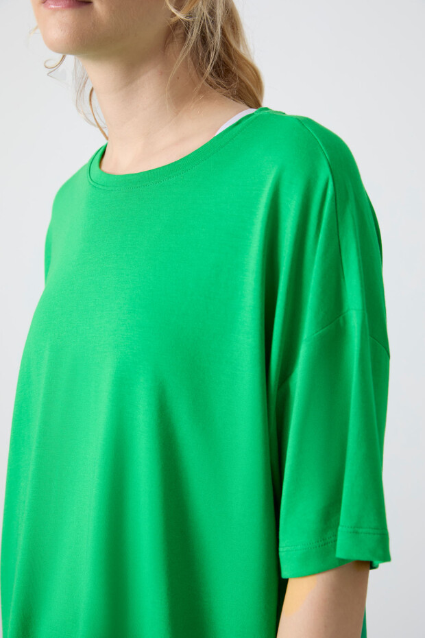 Yeşil Penye Modal Yumuşak Tuşeli Oversize Fit Basic Kadın T-Shirt- 97285 - 6