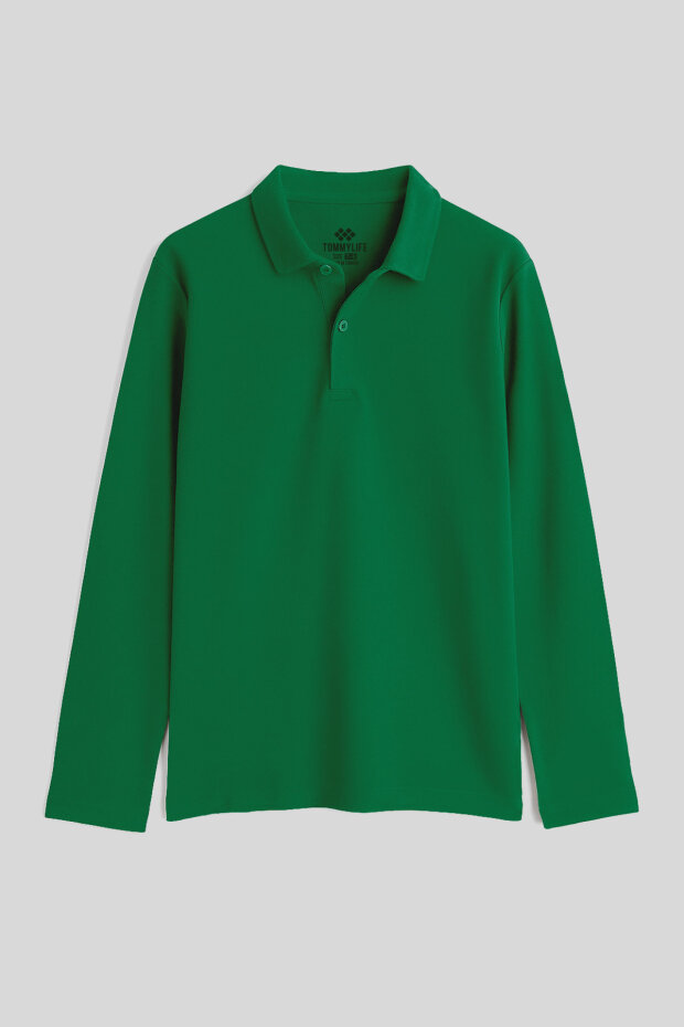 Yeşil Polo Yaka Basic Uzun Kollu Unisex Çocuk T-Shirt - 11170 - 1