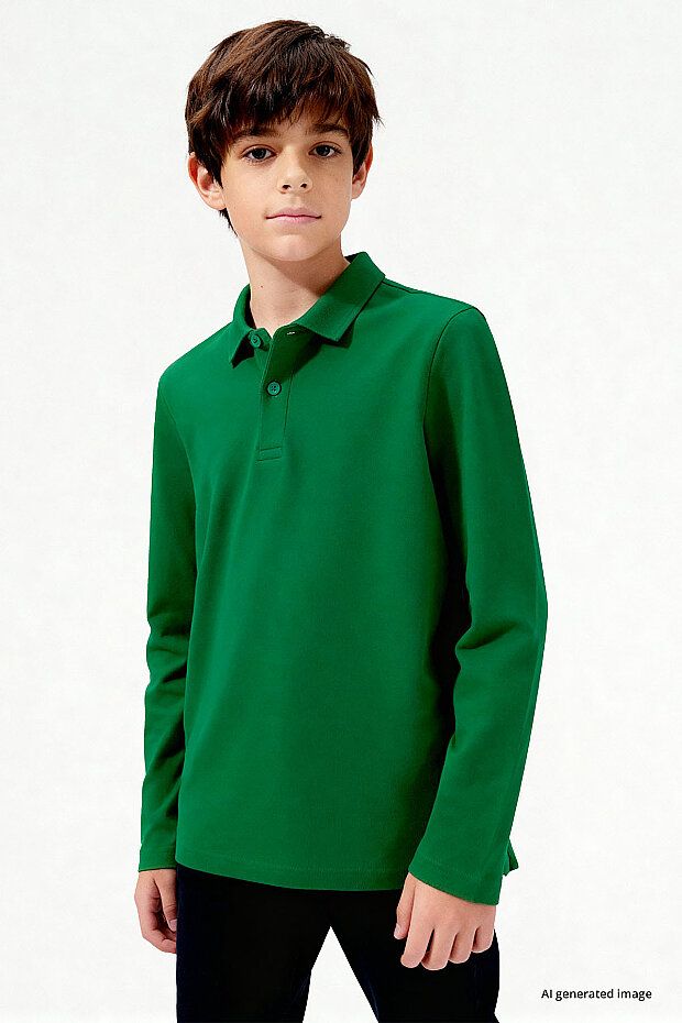 Yeşil Polo Yaka Basic Uzun Kollu Unisex Çocuk T-Shirt - 11170 - 2