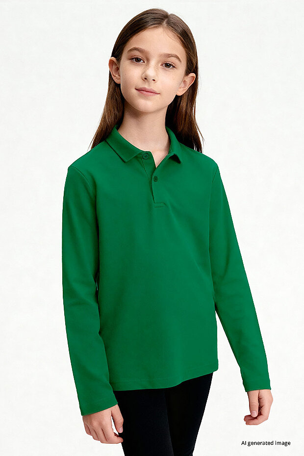 Yeşil Polo Yaka Basic Uzun Kollu Unisex Çocuk T-Shirt - 11170 - 3