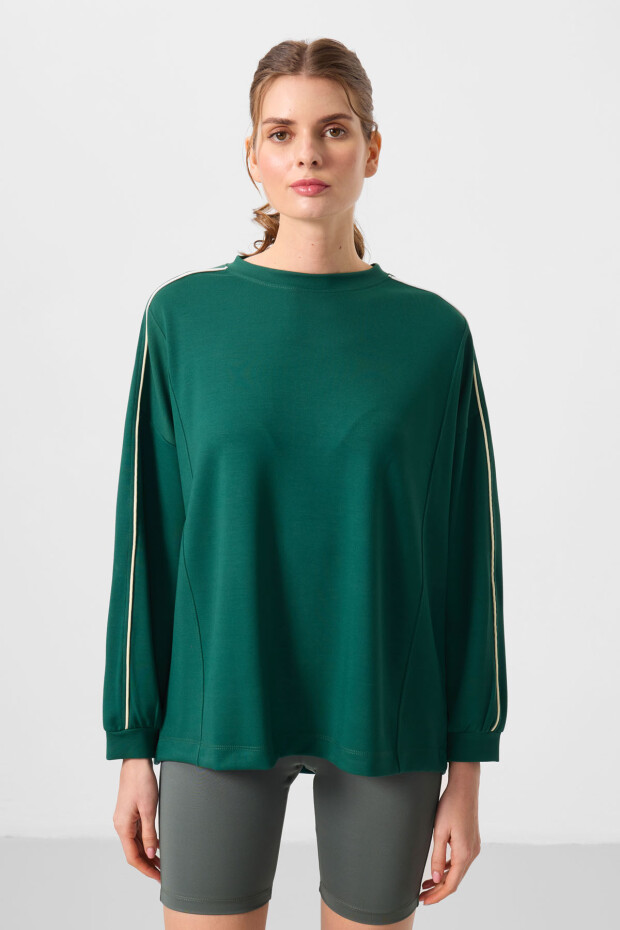 Yeşil Yumuşak Dokulu O Yaka Oversize Kadın Tunik Sweatshirt - 97303 - 1