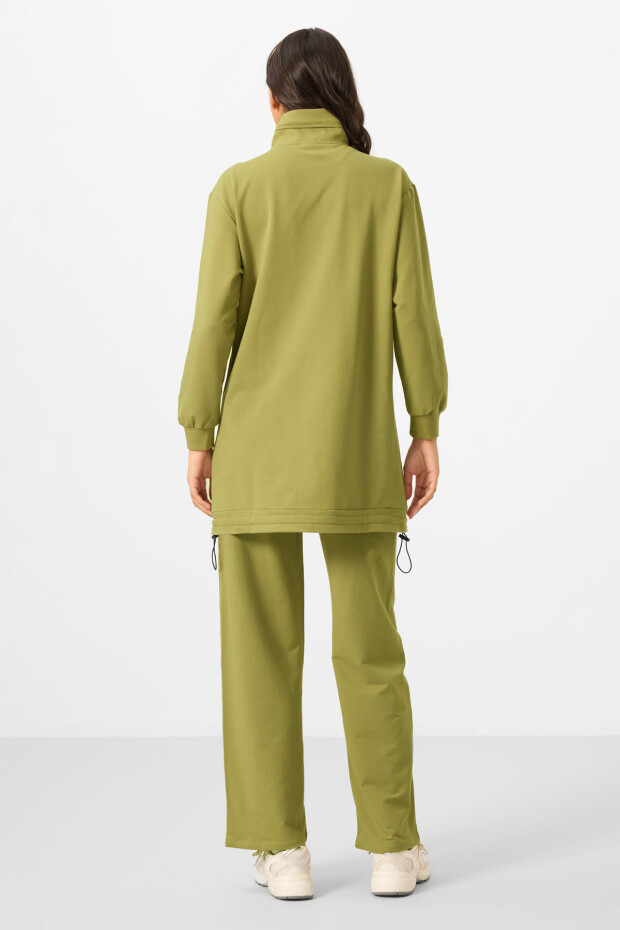 Zeytin Yeşil Dik Yaka Fermuarlı Pamuklu Kadın Eşofman Tunik Takım - 95346 - 7