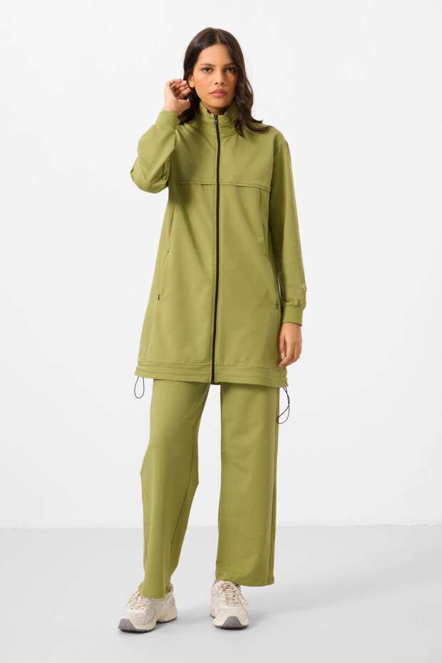 Zeytin Yeşil Dik Yaka Fermuarlı Pamuklu Kadın Eşofman Tunik Takım - 95346 - 4