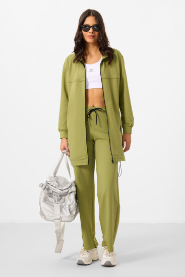 Zeytin Yeşil Dik Yaka Fermuarlı Pamuklu Kadın Eşofman Tunik Takım - 95346 