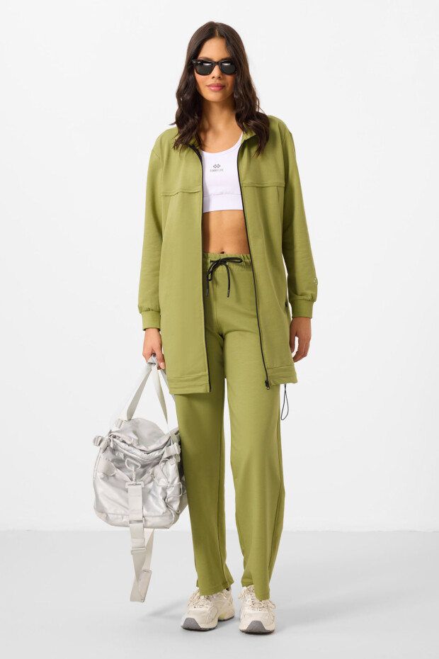 Zeytin Yeşil Dik Yaka Fermuarlı Pamuklu Kadın Eşofman Tunik Takım - 95346 - 1