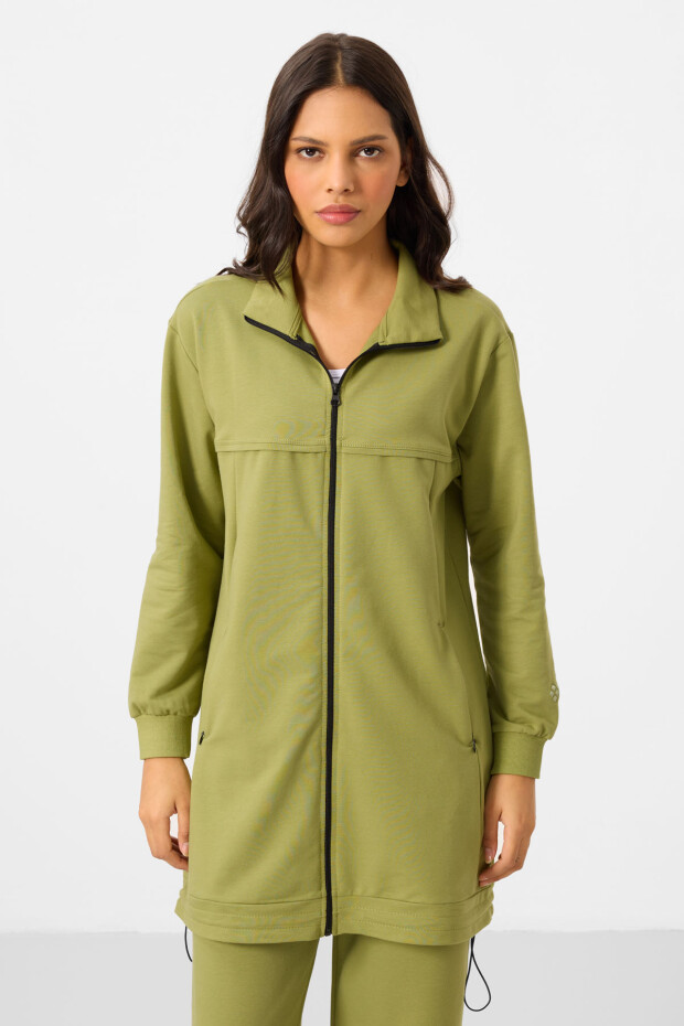 Zeytin Yeşil Dik Yaka Fermuarlı Pamuklu Kadın Eşofman Tunik Takım - 95346 - 2