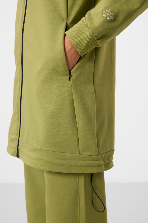 Zeytin Yeşil Dik Yaka Fermuarlı Pamuklu Kadın Eşofman Tunik Takım - 95346 - 5