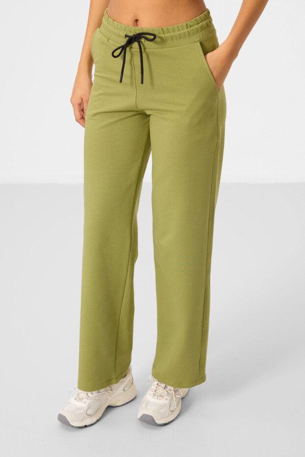 Zeytin Yeşil Dik Yaka Fermuarlı Pamuklu Kadın Eşofman Tunik Takım - 95346 - 3